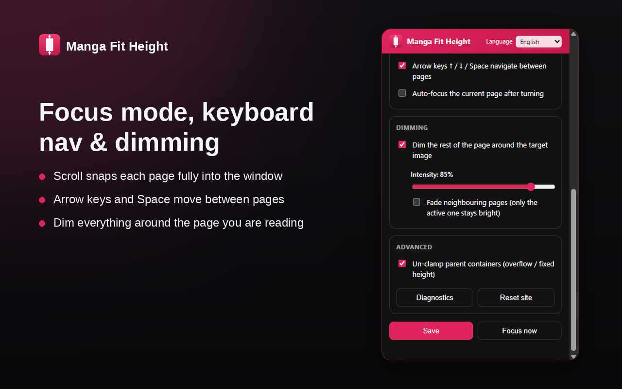 Focus mode, keyboard navigation and dimming
